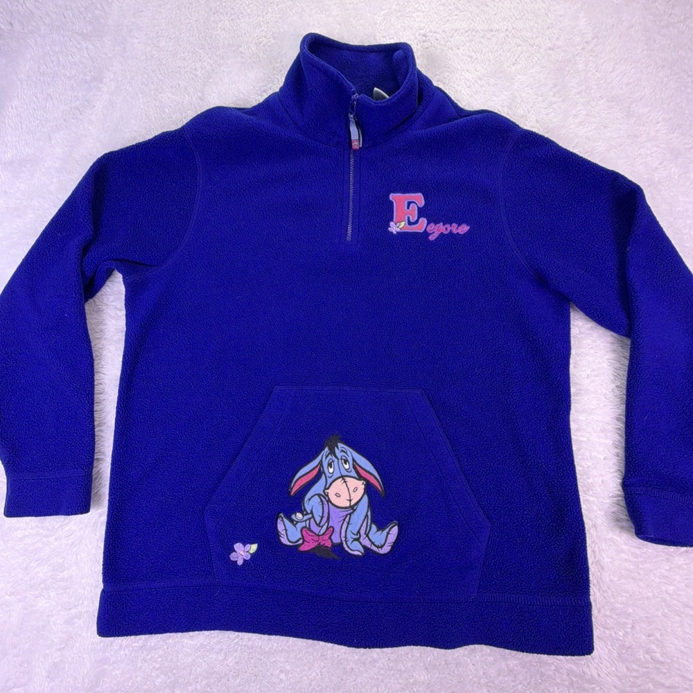 VTG Disney Eeyore Fleece 1/4 Zip Pullover Jacket Womens L Blue Embroidered‎ 90s